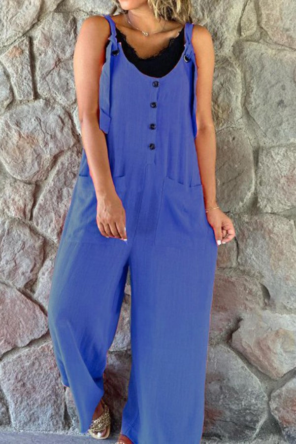 Mono Cassie de pierna ancha con tirantes y bolsillo de parche con botones