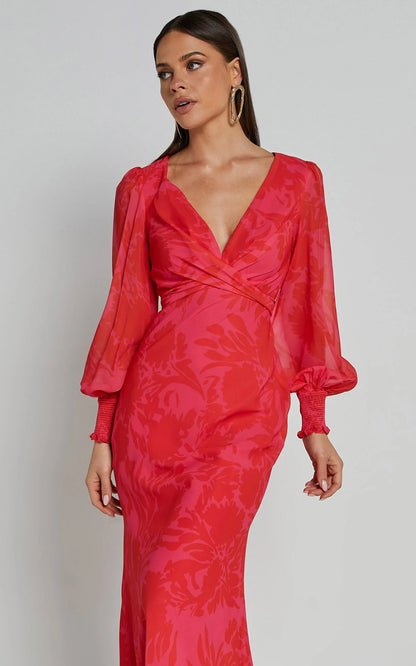 Claude Midi Dress - Deep V Neck Long Sleeve Slip Dress in Print