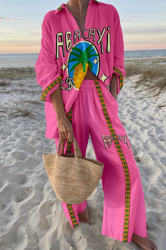 Conjunto de camisa holgada con estampado de piña y pantalón con bolsillo en la cintura elástica
