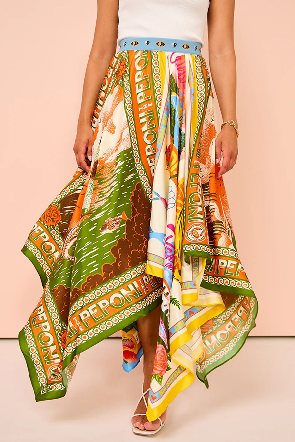 Falda larga de satén con estampado único y cintura elástica con dobladillo irregular de Summer Destination