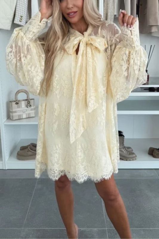 Vestido mini de corte A con mangas largas tipo globo y cuello de lazo de encaje Night Rose 