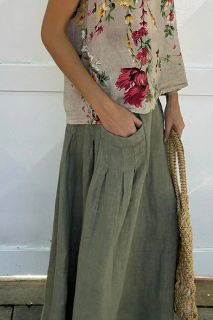 Conjunto de dos piezas de camiseta y falda de algodón y lino con estampado informal 
