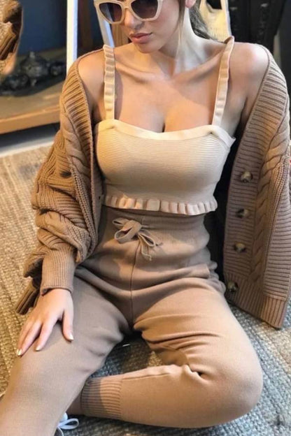 Conjunto de punto con cuello en V de color liso de moda