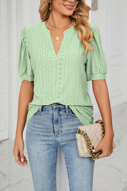 Camiseta holgada informal con cuello en V y mangas abullonadas huecas de color liso para mujer