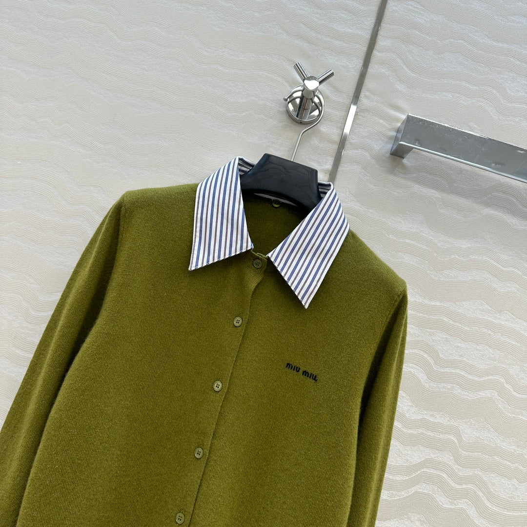 Miumiu Detachable Shirt Cardigan Olive Green Collar and Cashmere