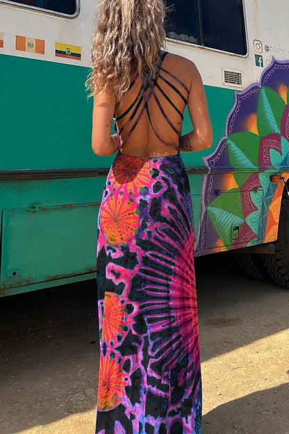 Vestido largo elástico con cordones en la espalda y estampado tie-dye de La Bamba