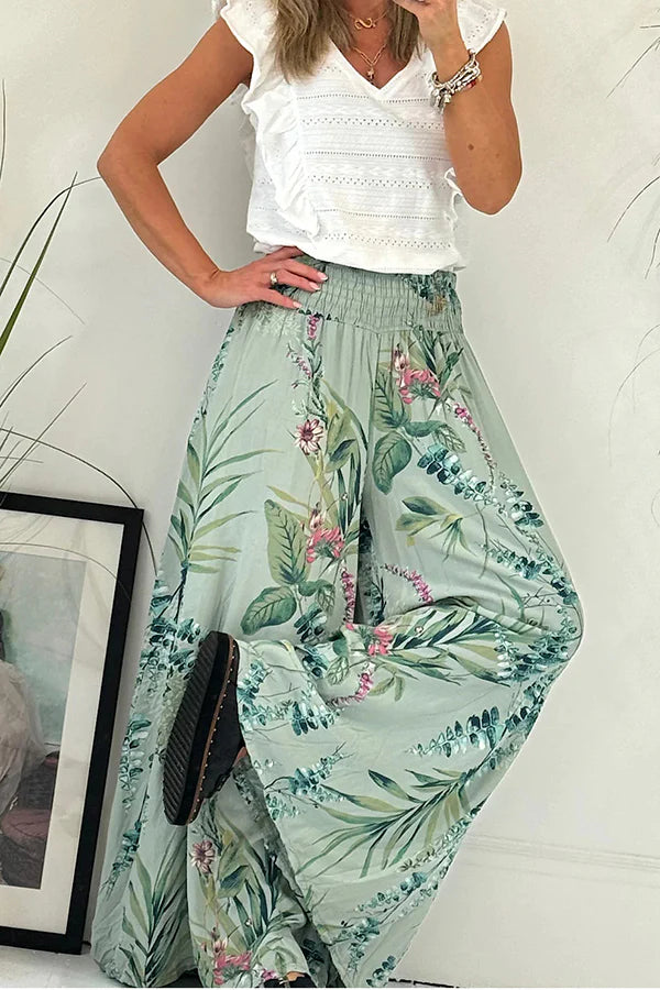 Pantalones palazzo de pierna ancha con cintura fruncida y estampado botánico de jardín de verano