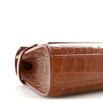 Shiny Calfskin Crocodile Embossed Small Manhattan Baguette Dark Caramel