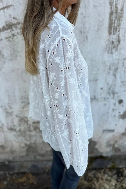 Camisa informal de manga larga con solapa y bordado de plantas