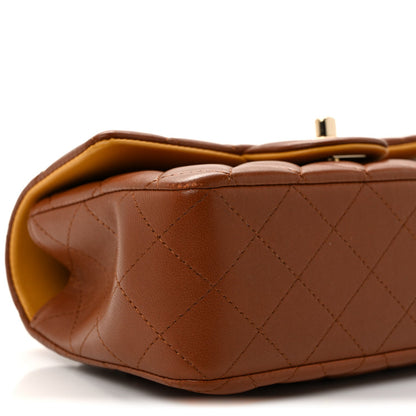 Lambskin Quilted Bi-Color Mini Top Handle Rectangular Flap Light Brown Yellow