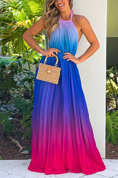Vestido largo con cuello halter rosa y morado 