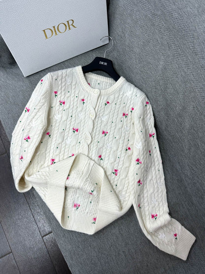 CD Cardigan Small Floral Embroidery Ivory Wool 349481