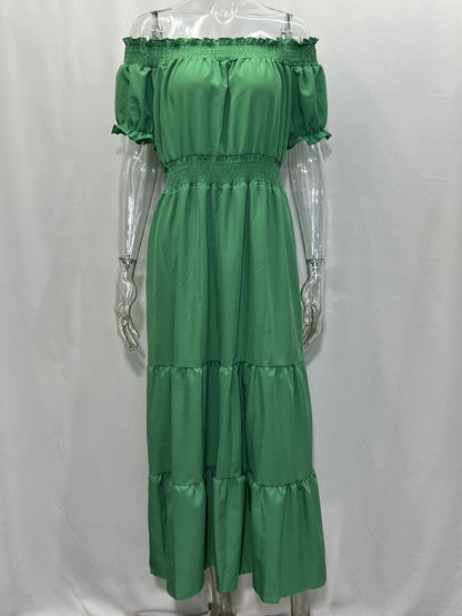 Boho Dress Off The Shoulder Pleated Tiered Casual Summer Maxi Dresses