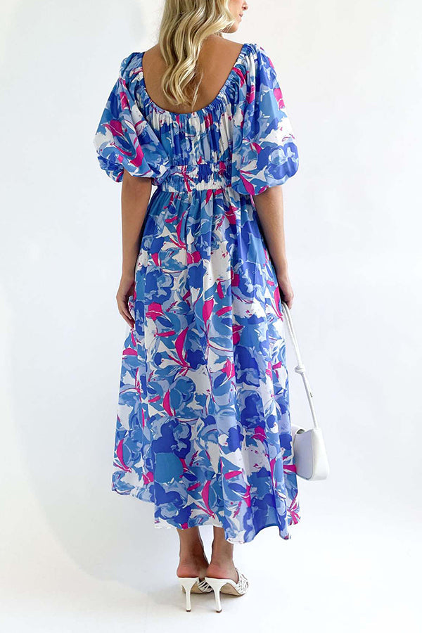 Elegante vestido largo con cuello cuadrado y mangas abullonadas estampadas 