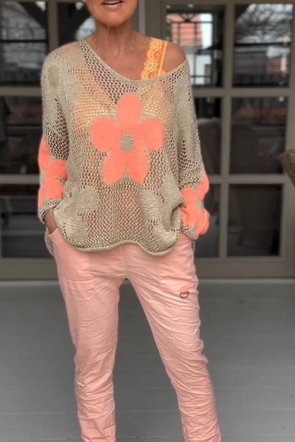 Camisa de punto floral con cuello en V calado Suéter de malla floral