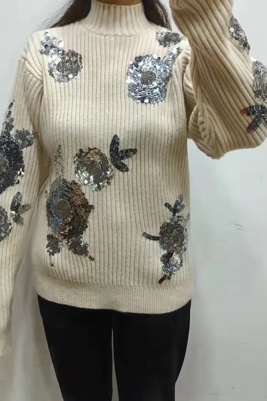 Suéter de punto holgado de cuello alto con estampado floral de lentejuelas y manga larga 