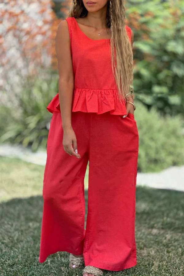 Conjunto de dos piezas de top sin mangas y pantalones anchos de algodón y lino en color liso