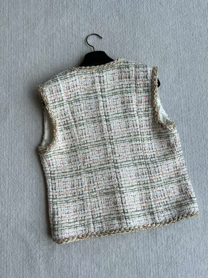 CC 25A Classic Round Collar Vest Jacket In Light Orange Pink Tweed 277181
