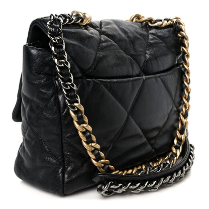 Shiny Goatskin Quilted Large Chanel 19 Flap Black