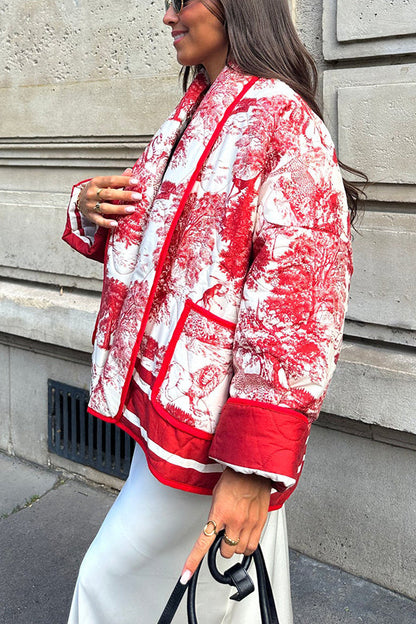 Chaqueta tipo kimono de algodón acolchado con bolsillo y estampado de tinta de porcelana con canciones románticas 