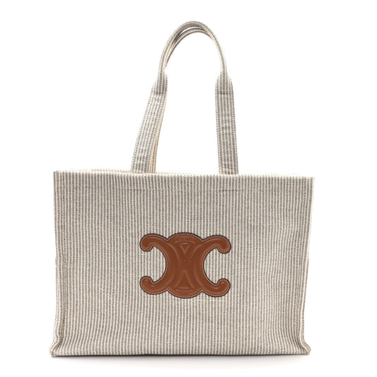 Canvas Calfskin Striped Triomphe Large Cabas Beige