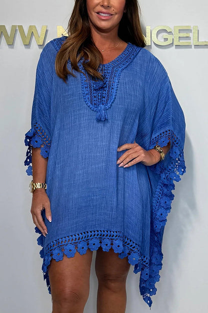 Vestido mini holgado informal de encaje de color liso