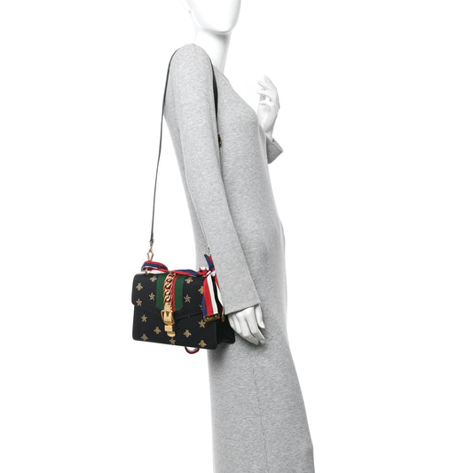 Textured Calfskin Bee Star Print Small Sylvie Shoulder Bag Black
