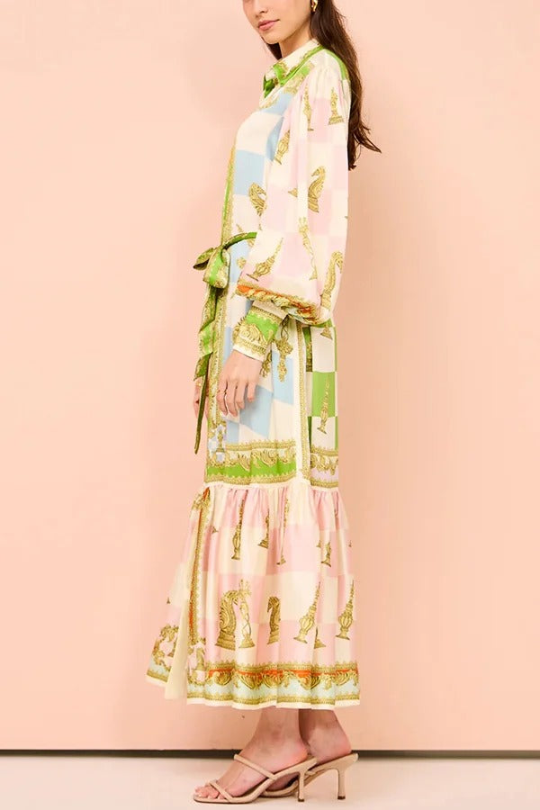 Vestido camisero largo con cinturón y mangas abullonadas con estampado único de satén para fiesta en el jardín