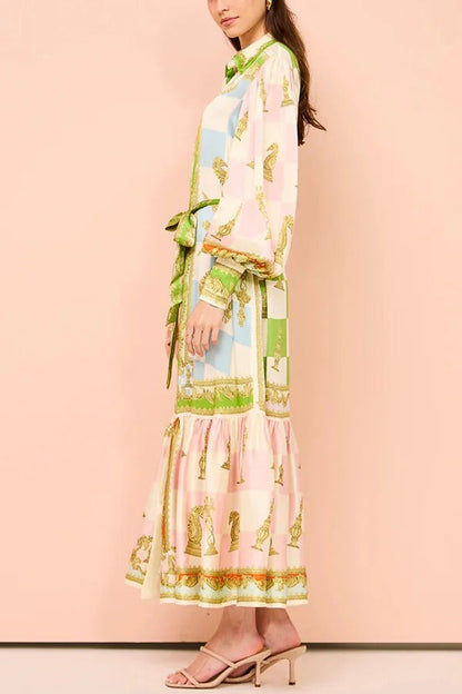 Vestido camisero largo con cinturón y mangas abullonadas con estampado único de satén para fiesta en el jardín