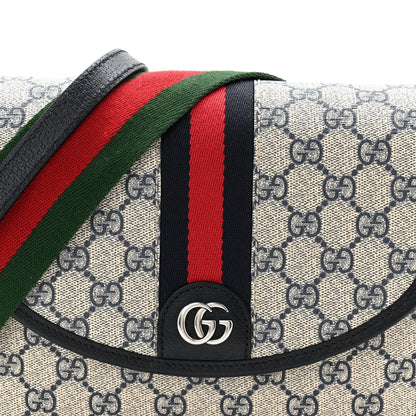 GG Supreme Monogram Textured Dollar Calfskin Web Studded Mini Ophidia Flap Shoulder Bag Beige Blue