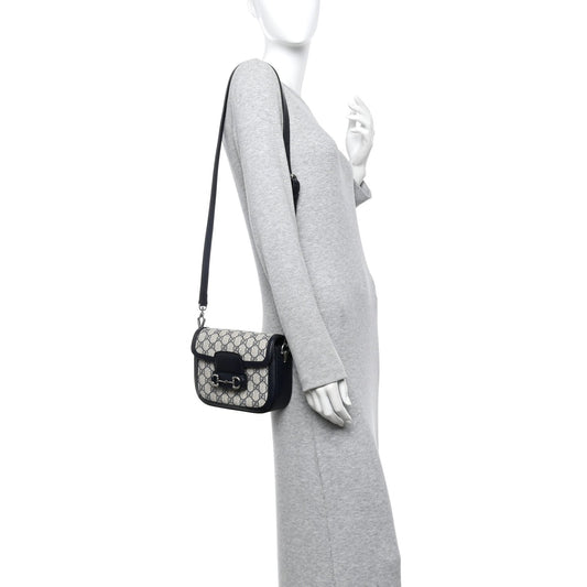 GG Supreme Monogram Textured Dollar Calfskin Web Mini Horsebit 1955 Shoulder Bag Beige Blue