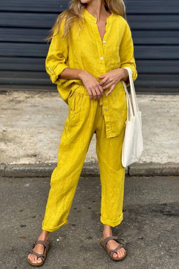 Conjunto informal de dos piezas de algodón y lino con cuello en V, camisa y pantalón de color liso 