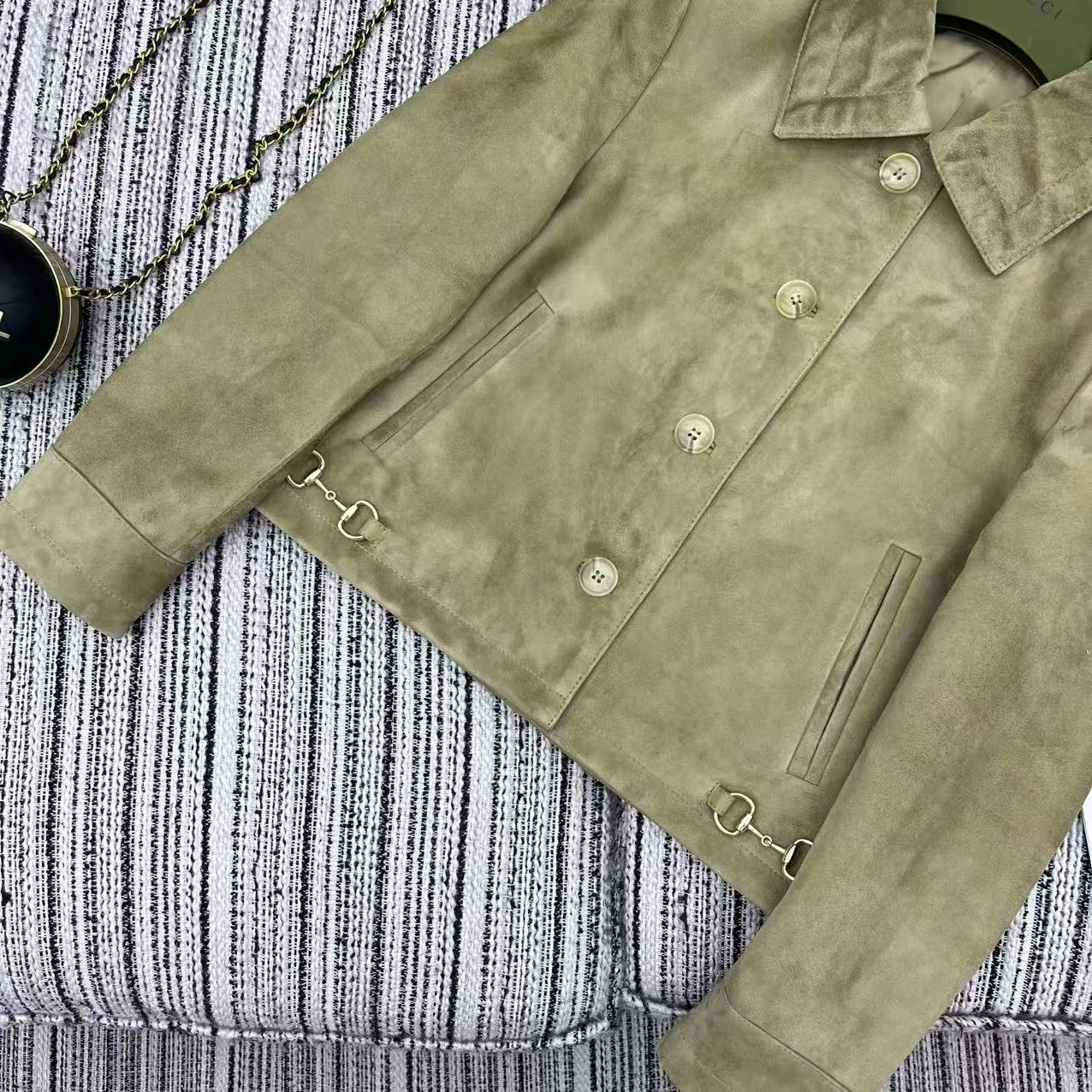 GG 25FW Metal Chain Hem Lapel Jacket Olive Green Suede Lambskin