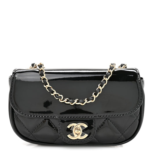 Patent Calfskin Quilted Mini Flap Black