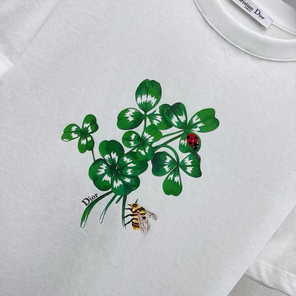 CD Fitted T-Shirt White Cotton Jersey with Green Dior Clover Motif
