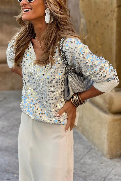 jersey de lentejuelas con cuello en V