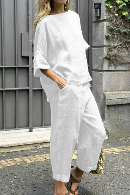 Conjunto informal de dos piezas de algodón y lino con cuello redondo y pantalones de color liso 
