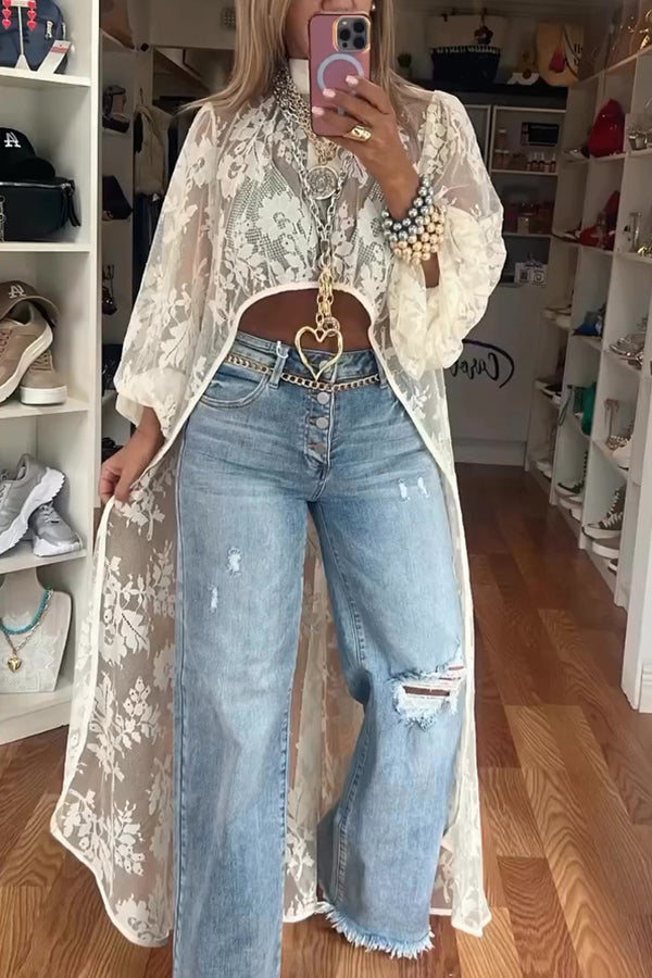 Top largo asimétrico con cuello alto y mangas abullonadas con estampado de encaje Tanya