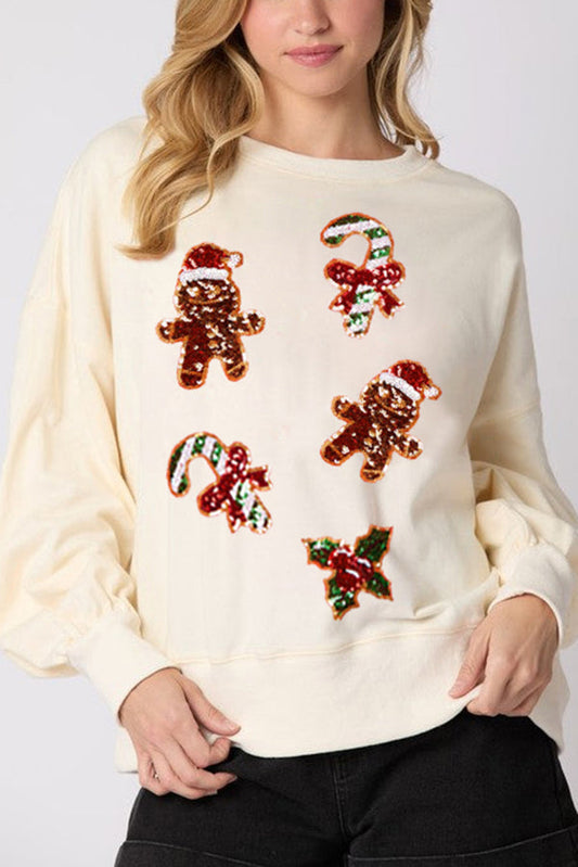Sudadera informal de manga larga con lentejuelas y diseño de hombrecito de jengibre navideño