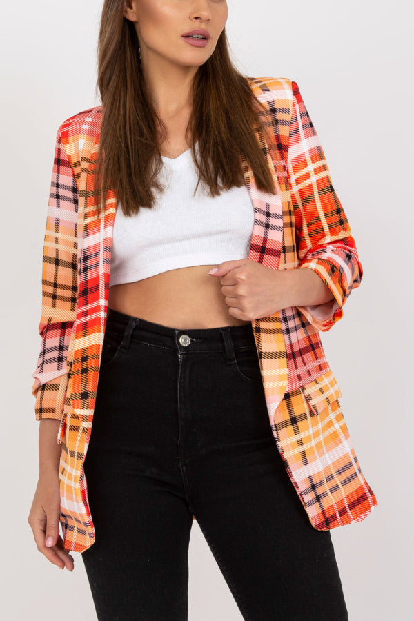 Blazer informal para mujer, chaqueta de traje de oficina con bolsillos y manga larga a cuadros de color y abertura frontal