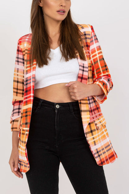 Blazer informal para mujer, chaqueta de traje de oficina con bolsillos y manga larga a cuadros de color y abertura frontal