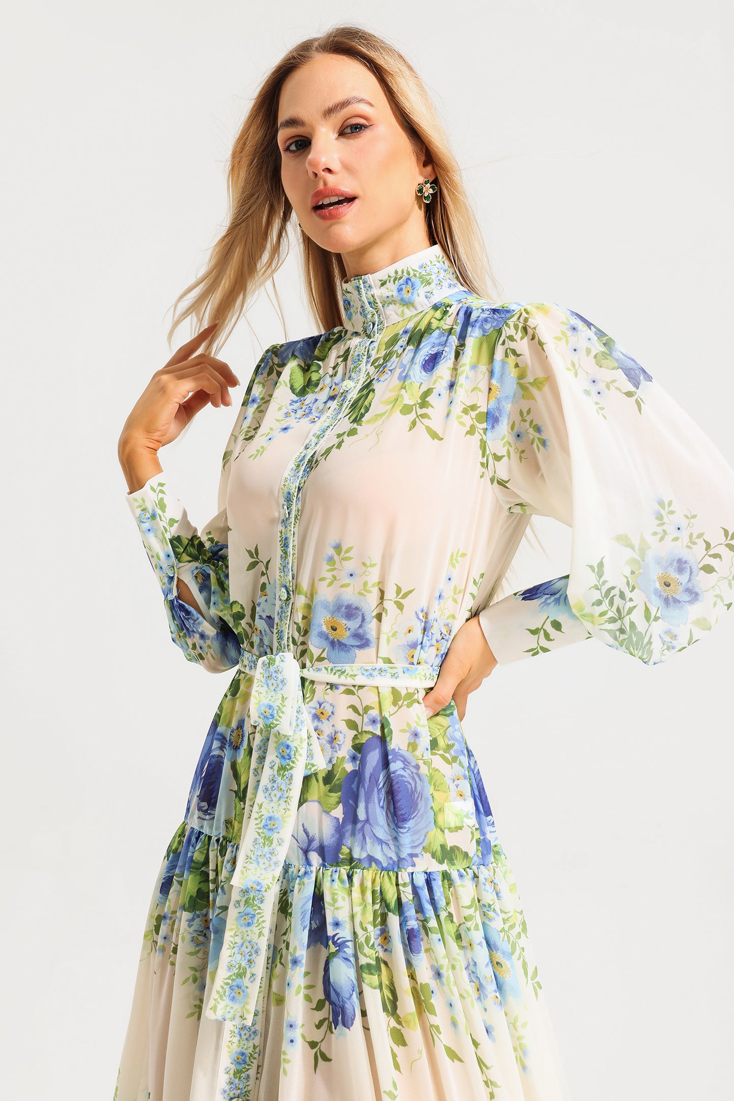 Floral High Neck Long Sleeve Maxi Dress