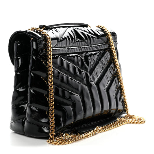 Patent Y Quilted Monogram Small Loulou Chain Satchel Black