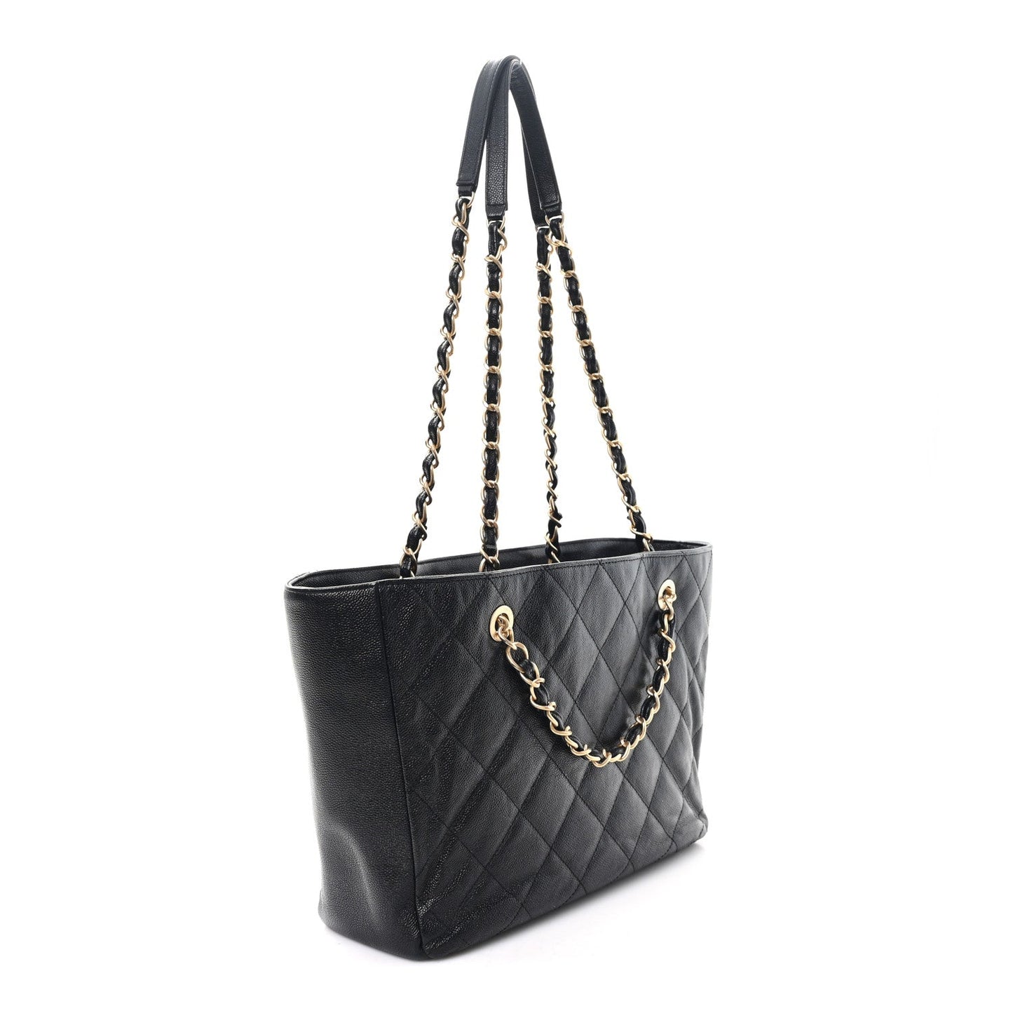 Caviar Quilted Small Trapezoid Chain Shopping Tote Black