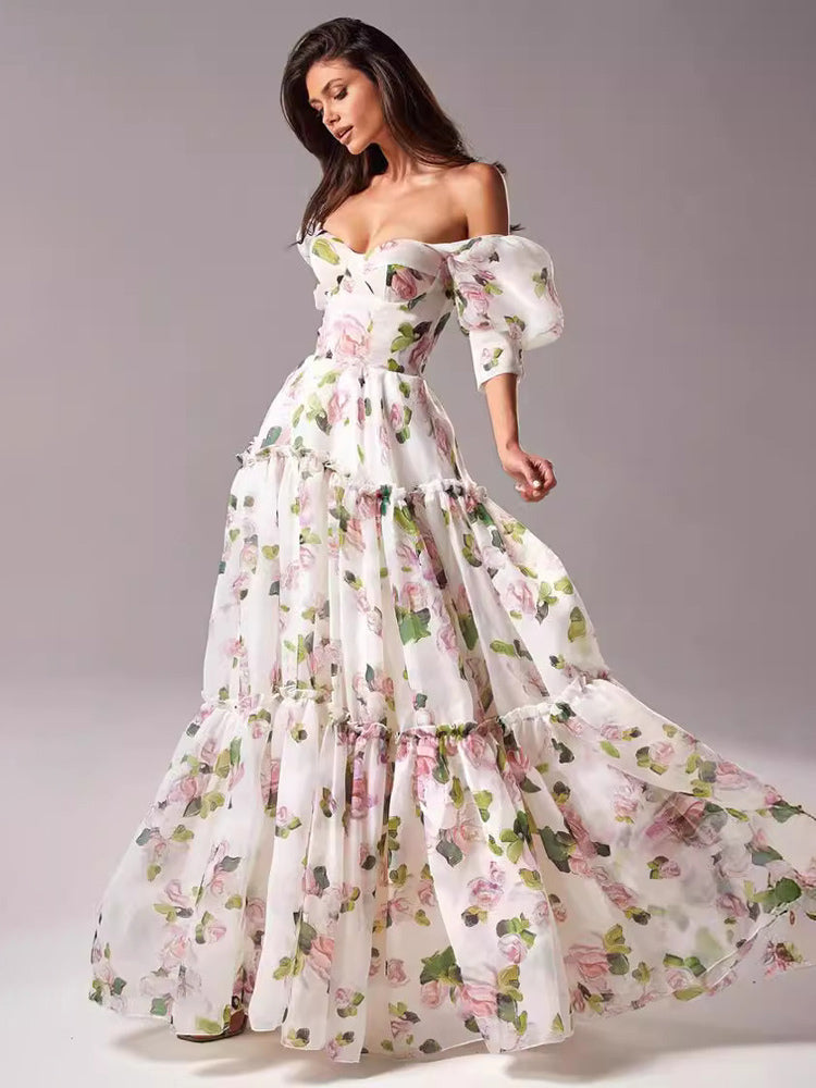 Party Dress Floral Off The Shoulder Tiered A-Line Elegant Prom Maxi Dresses