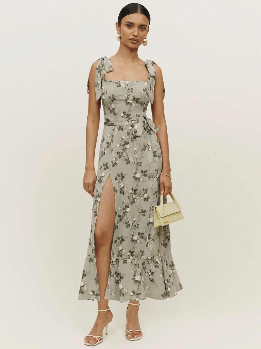 BUDDING BEAUTY SPLIT FLORAL MAXI DRESS - GREY