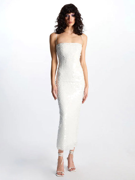 Sparkle Maxi Dress Spaghetti Straps Backless Sequins Prom Dresses