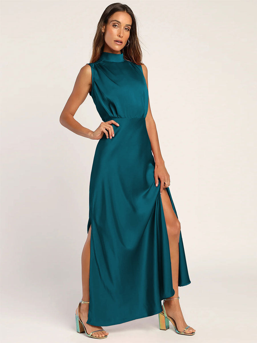 Maxi Dress High Collar Sleeveless Casual Low-slit Long Dress