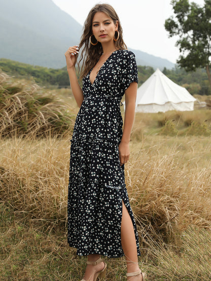 Boho Maxi Dress V Neck Short Sleeves Floral Print Summer Dresses