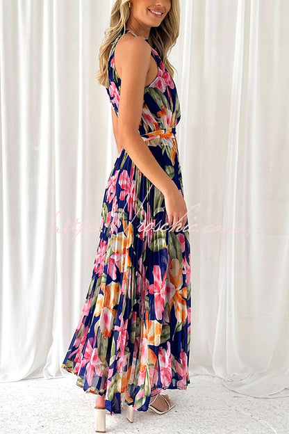 Delicate Floral Print Halterneck Lace Up Pleated Maxi Dress